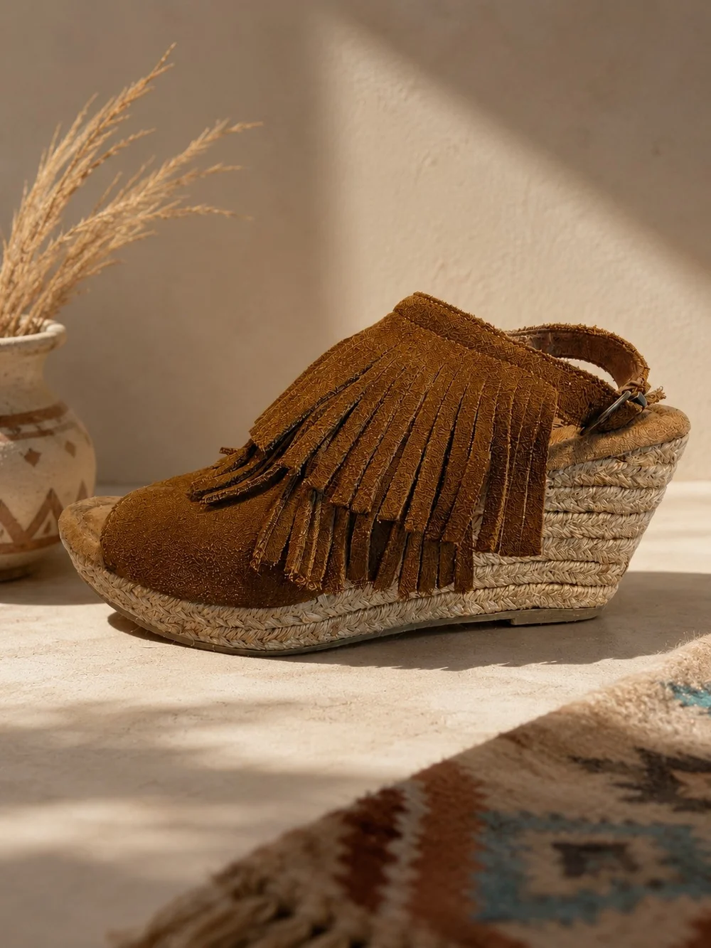 Minnetonka Brown Suede Fringe Espadrille Wedge Slingback Sandals Women's Sz 9